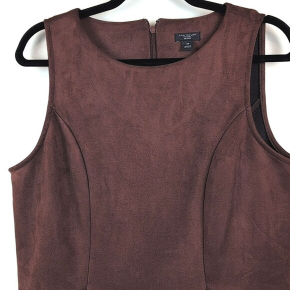 Ann Taylor Faux Suede Brown Sleeveless Dress Gold Zipper Pockets Size 14P - Picture 4 of 10